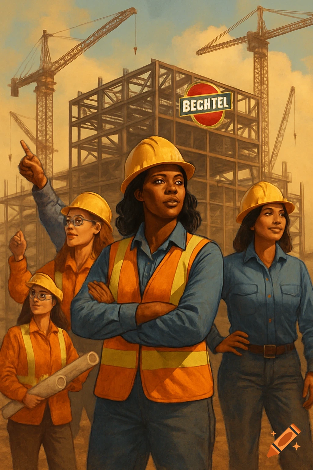 An illustration depicts four women in yellow hard hats and safety vests at a construction site with cranes and an unfinished building.