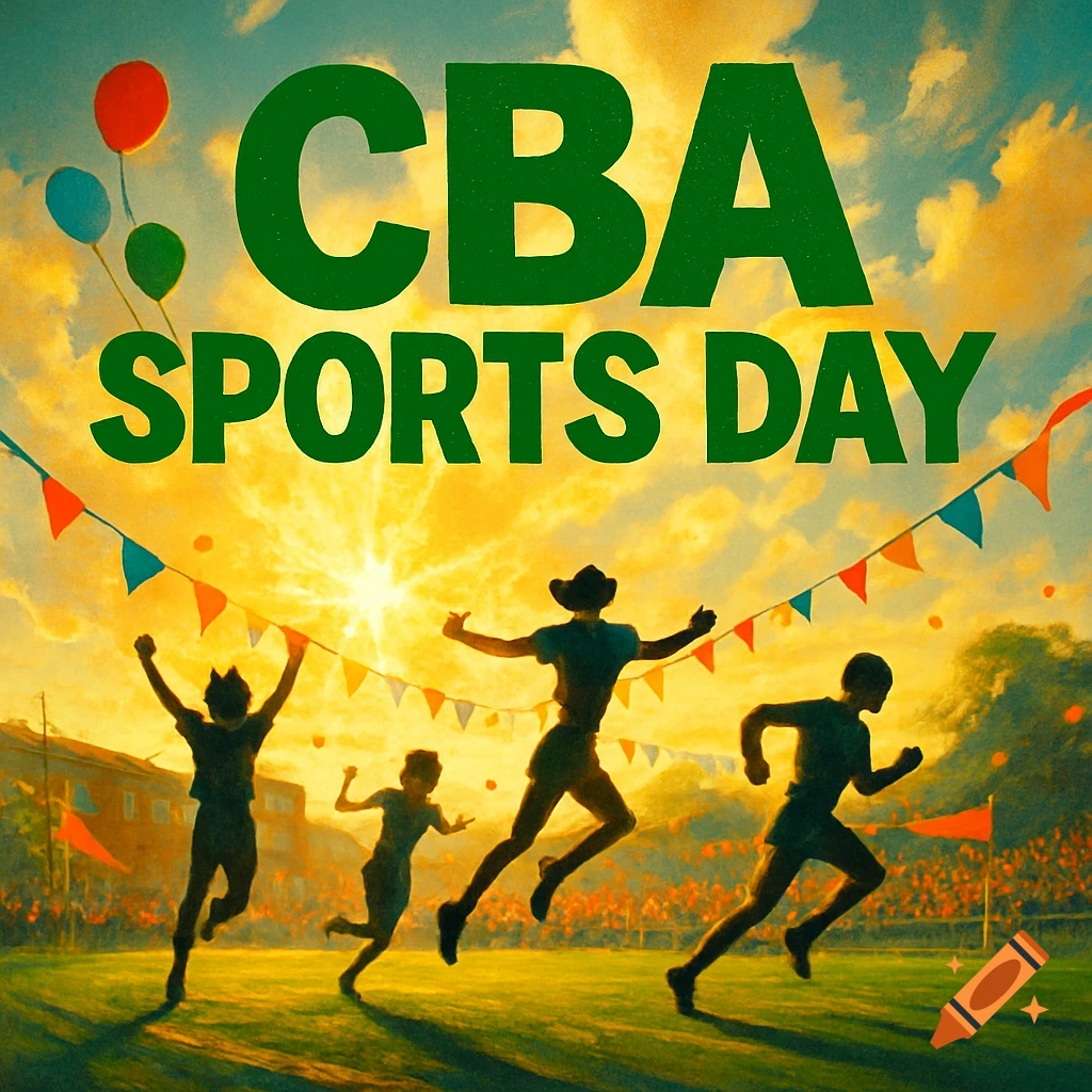 Green text 'CBA SPORTS DAY' above silhouetted people running on a sunny sports field with balloons and colorful banners, in an illustrative style.