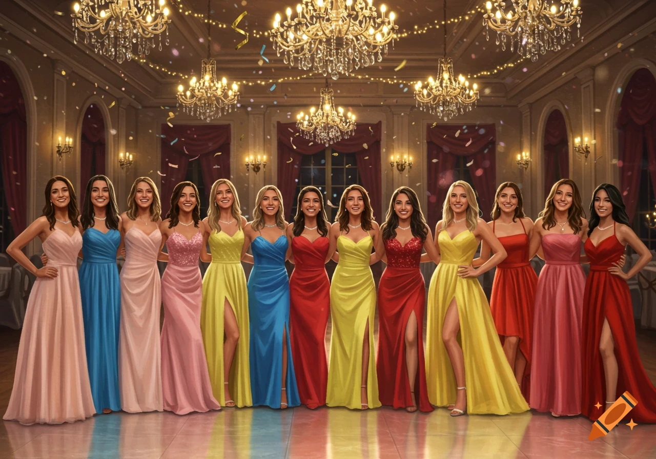 A group of young women in pink, blue, yellow, and red formal gowns pose in an elegant ballroom with chandeliers and falling confetti.