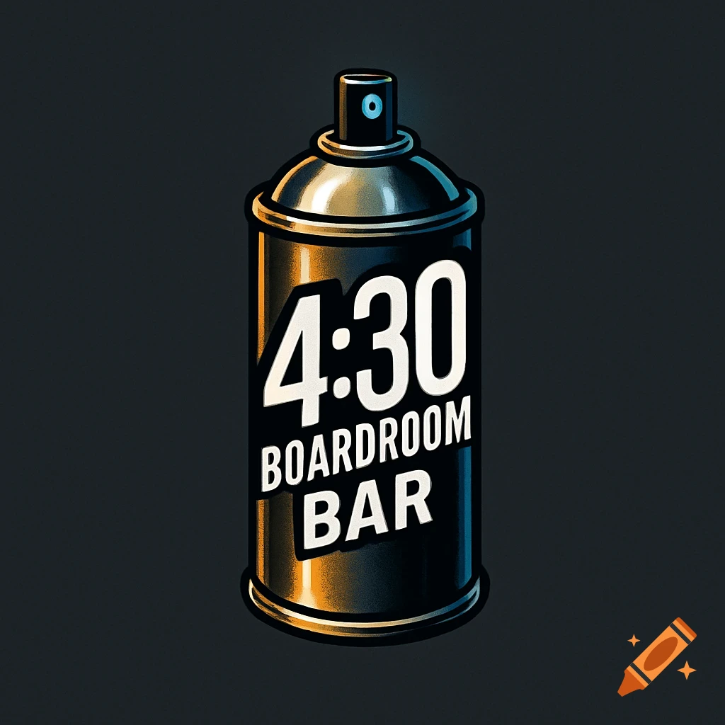 A stylized illustration of a black spray can with the text "4:30 BOARDROOM BAR" in white, against a dark background.