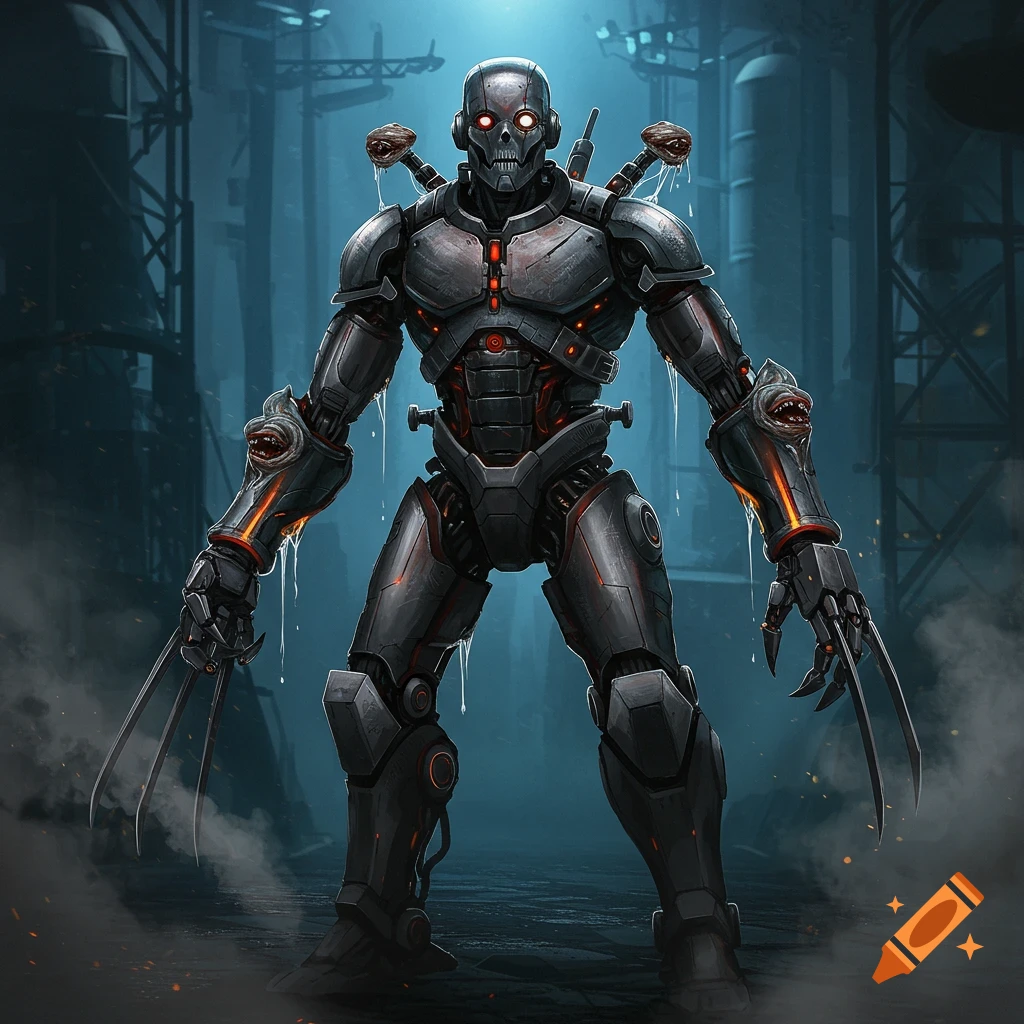 A dark, ominous robot with a skull-like face and glowing red eyes stands in an industrial setting. It has Wolverine-style claws and grotesque mouths on its shoulders and forearms, dripping a white liquid.