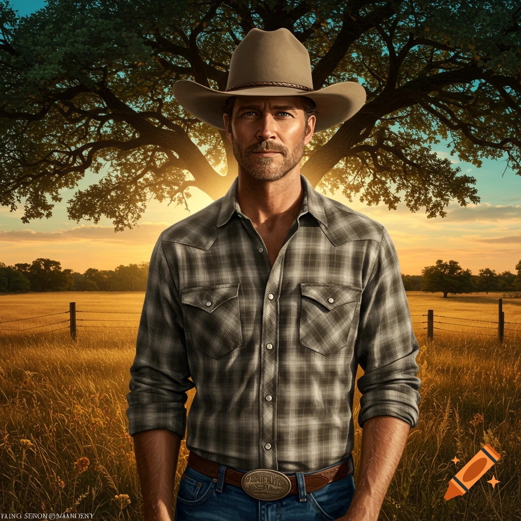 A man in a cowboy hat and plaid shirt stands in a golden field with a large tree at sunset.