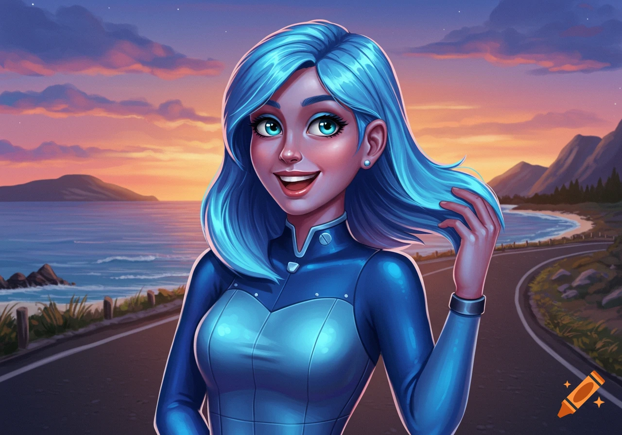 A smiling stylized woman with long blue hair and a blue suit stands on a coastal road at sunset, with mountains and ocean in the background.