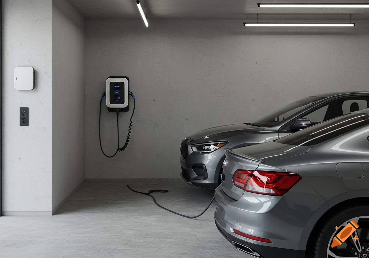 Two grey electric cars parked in a modern concrete garage with an EV charging station on the wall.