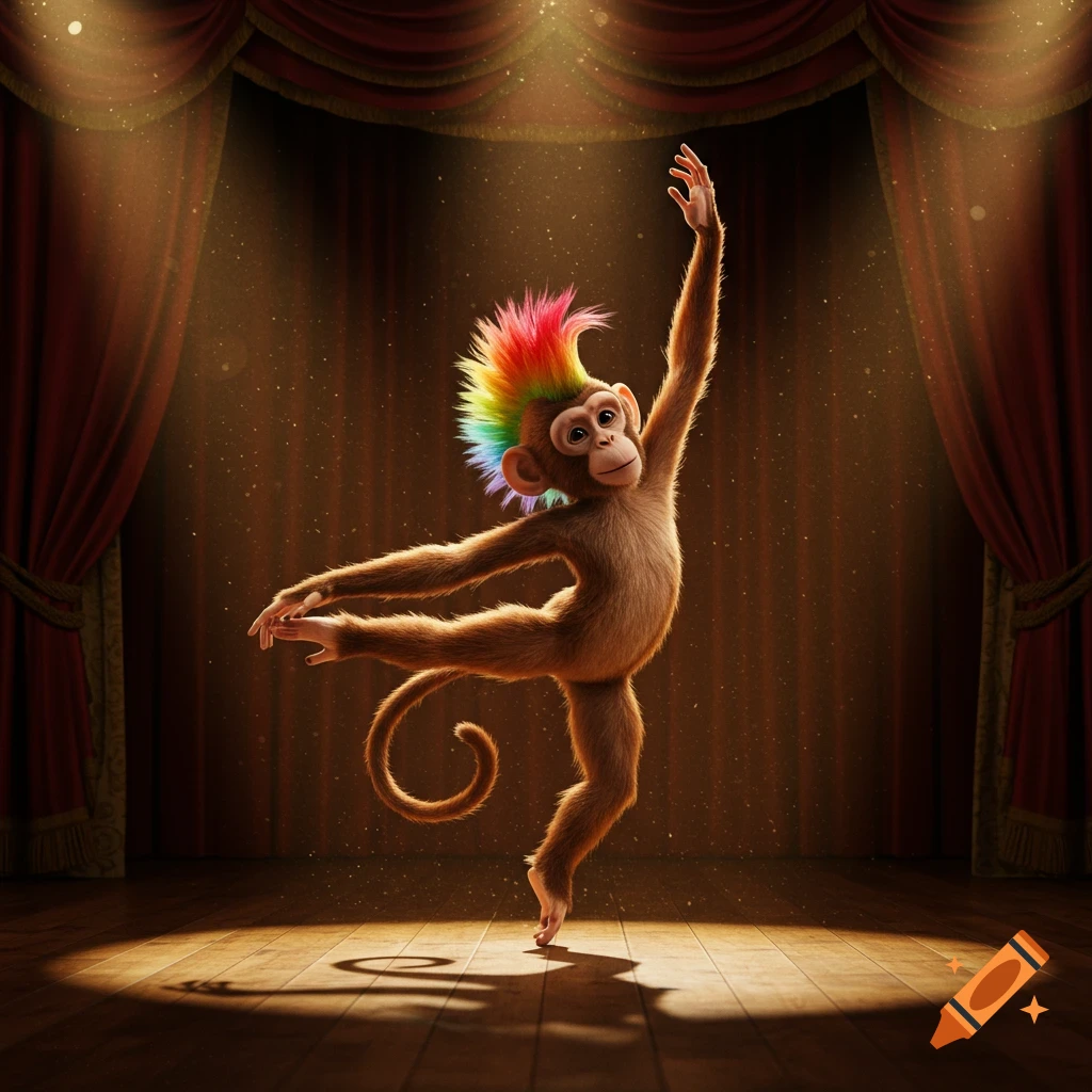 A monkey with a vibrant rainbow mohawk strikes a ballet pose on a spotlighted wooden stage with red curtains.