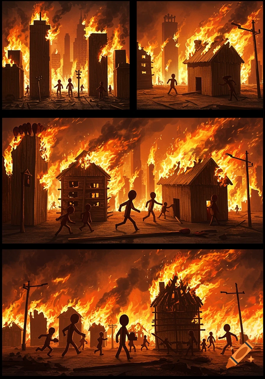 A comic book style illustration of a matchstick city engulfed in flames, with matchstick figures fleeing the burning buildings.