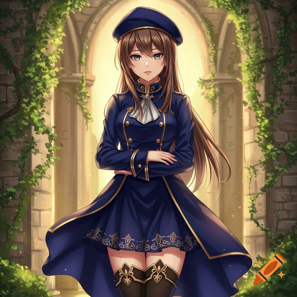 Anime girl with brown hair and grey eyes in a navy-blue and gold uniform, standing under a stone archway with vines.