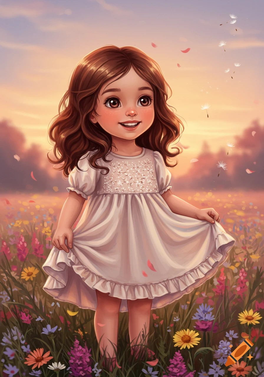 A cute cartoon girl with brown curly hair smiles in a vibrant wildflower meadow under a golden sunset.