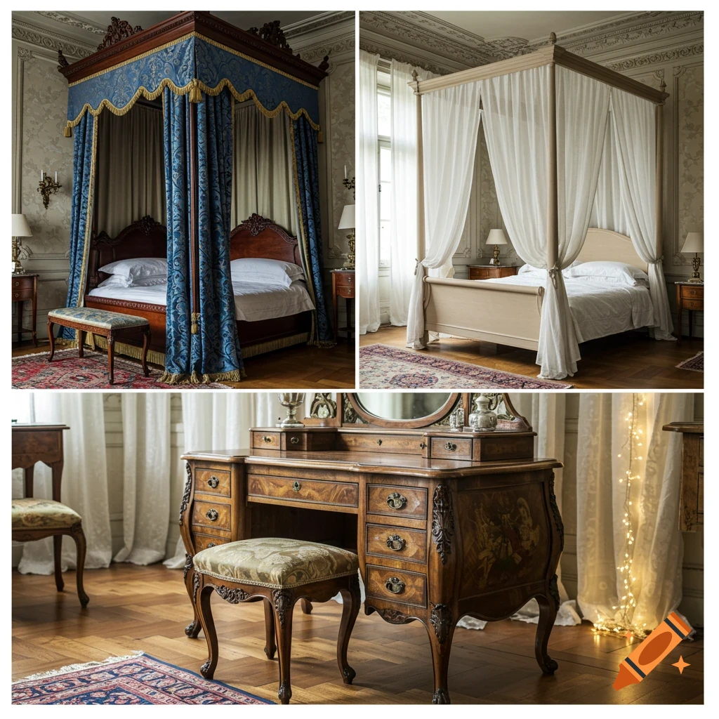 Two luxurious bedrooms with a blue canopy bed and a white four-poster bed, and an ornate wooden vanity table with a stool.