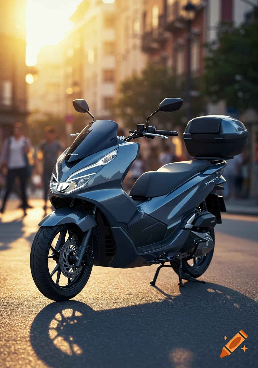 A gray Honda PCX scooter with a black cargo box parked on a sunlit city street.