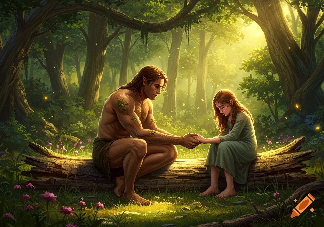 A muscular man resembling Tarzan comforts a sad girl sitting on a log in a lush, sunlit forest, holding her hand.