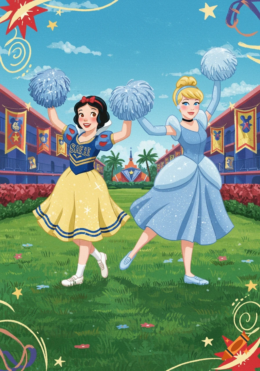 Snow White and Cinderella in cheerleader outfits holding pom-poms on a grassy field in front of a Disney resort.