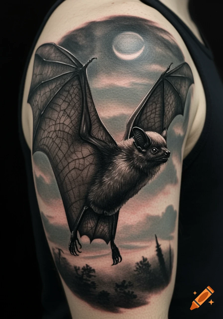 Realistic black and grey tattoo of a bat flying under a crescent moon on an arm, with trees in the background.