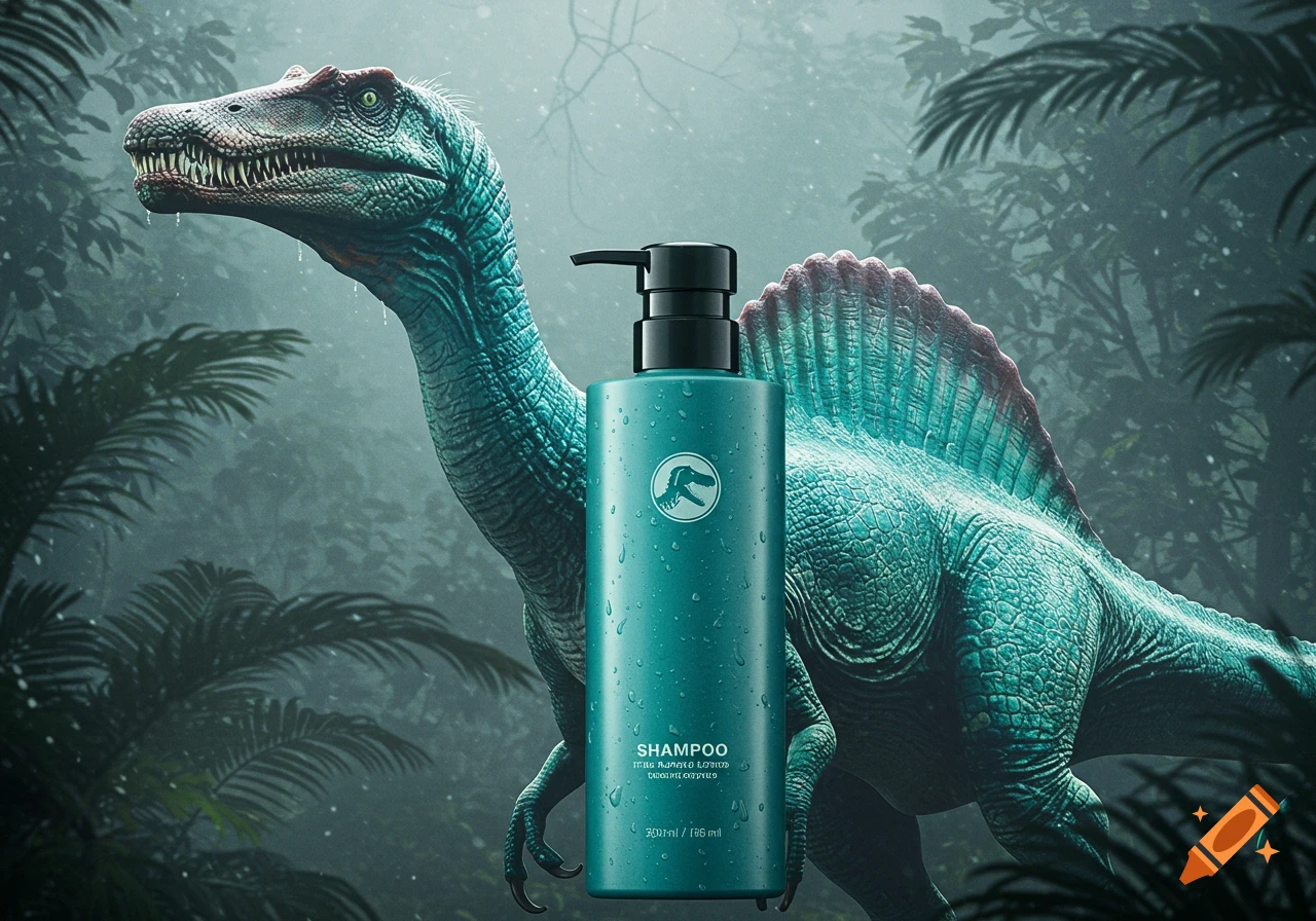 A teal shampoo bottle with water droplets in front of a large teal Spinosaurus in a misty jungle, photorealistic style.