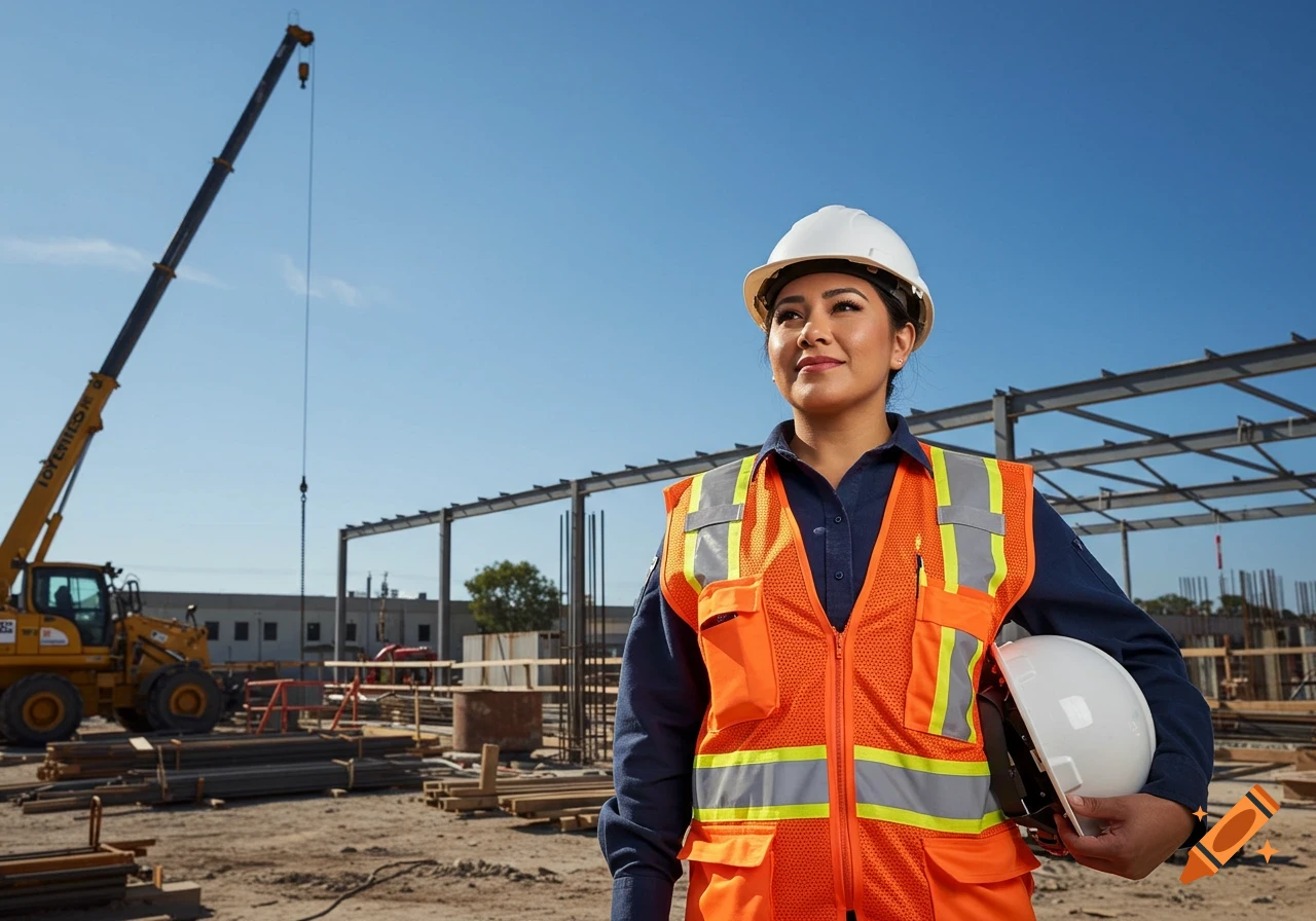 A confident Latina woman in a white hard hat and orange safety vest stands at a construction site with a crane in the background.