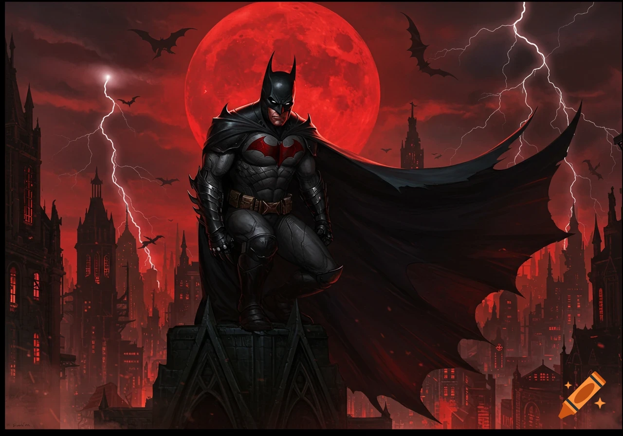 Batman, in a dark armored suit with a red bat symbol, crouches on a rooftop gargoyle overlooking a stormy Gotham City under a large red moon with lightning.