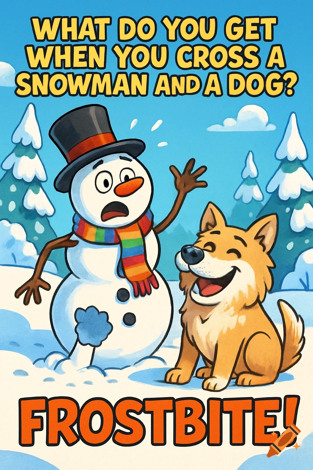 Cartoon snowman looks surprised as a happy dog sits beside him in the snow. Text poses a riddle: 'What do you get when you cross a snowman and a dog? Frostbite!'