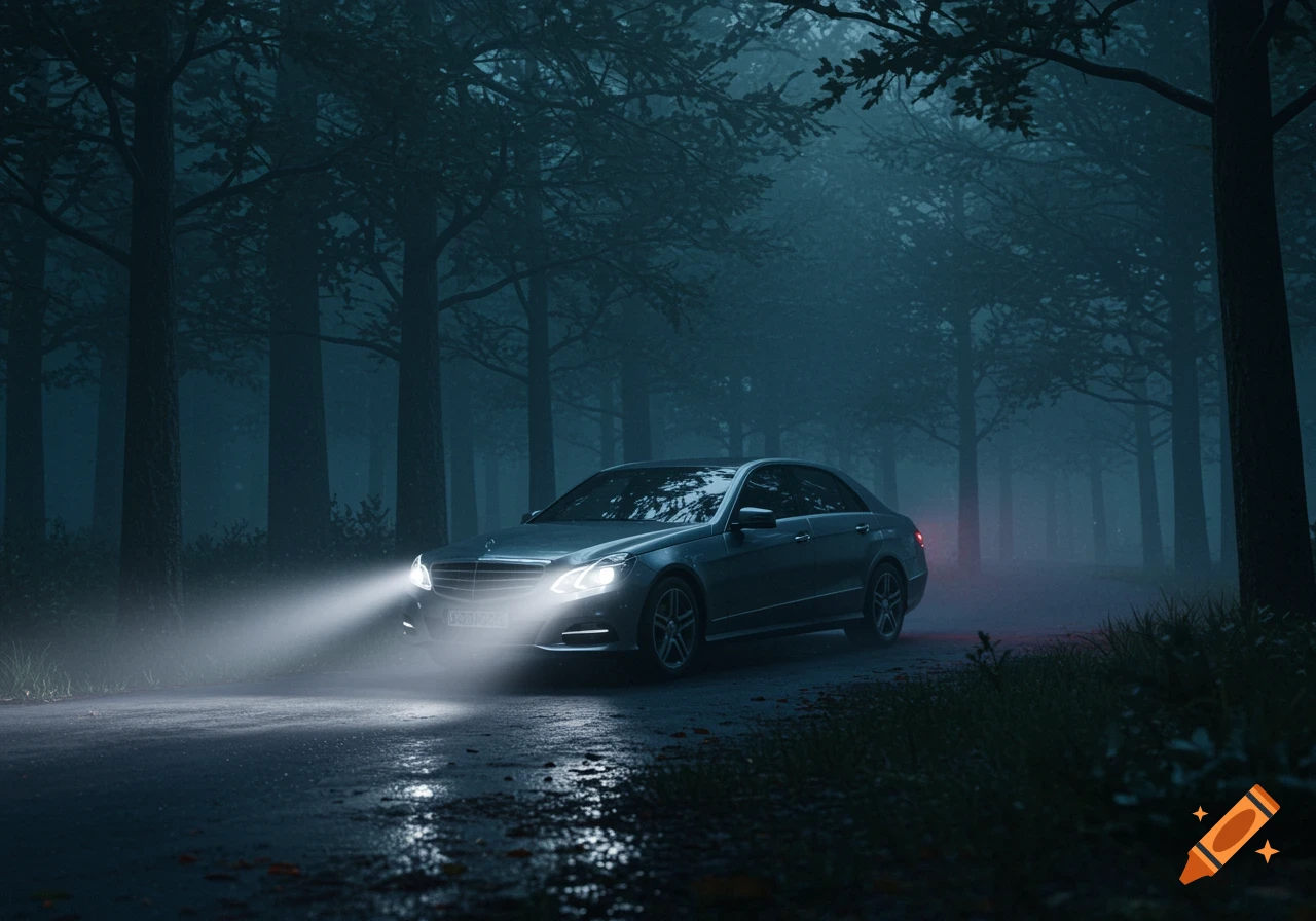 A silver Mercedes sedan drives down a wet, misty dark forest road with its headlights on, illuminating the fog.