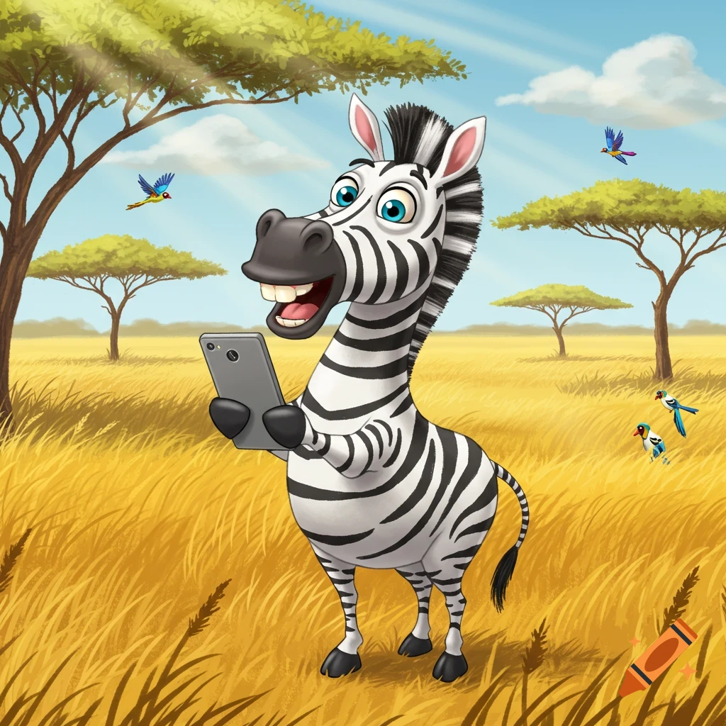 A cartoon zebra stands in a sunny savanna, smiling happily while holding a grey smartphone.
