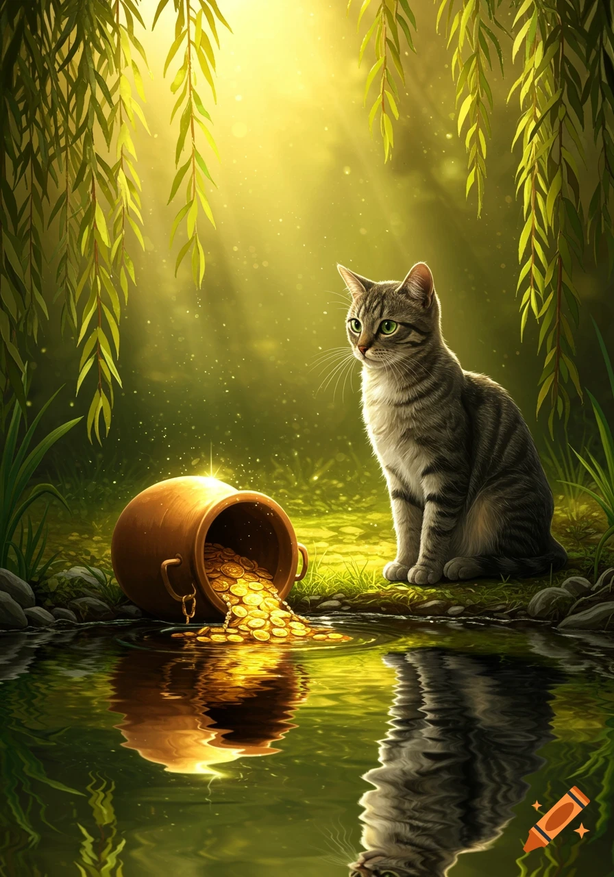 A tabby cat sits by a pond under willow branches, looking at an overturned pot spilling gold coins into the water.