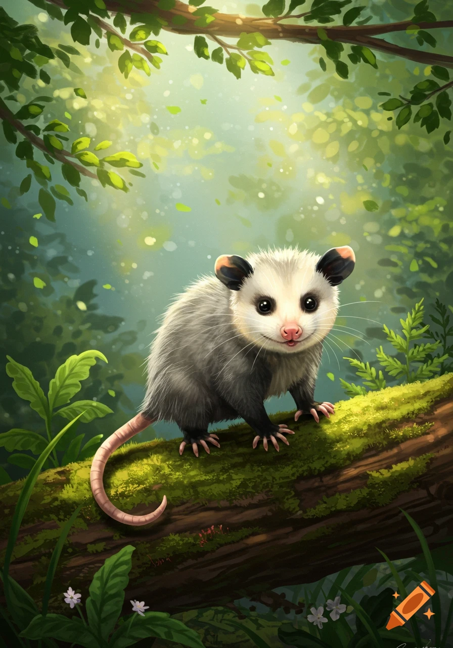 A cute, fluffy opossum with large eyes sits on a mossy log in a brightly lit, green forest, digital art.