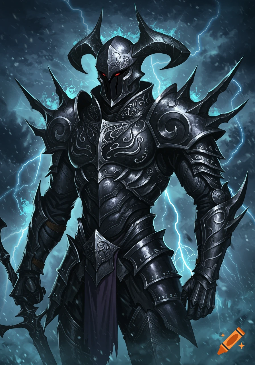 Dark knight in elaborate black armor with glowing red eyes stands against a stormy sky with blue lightning.