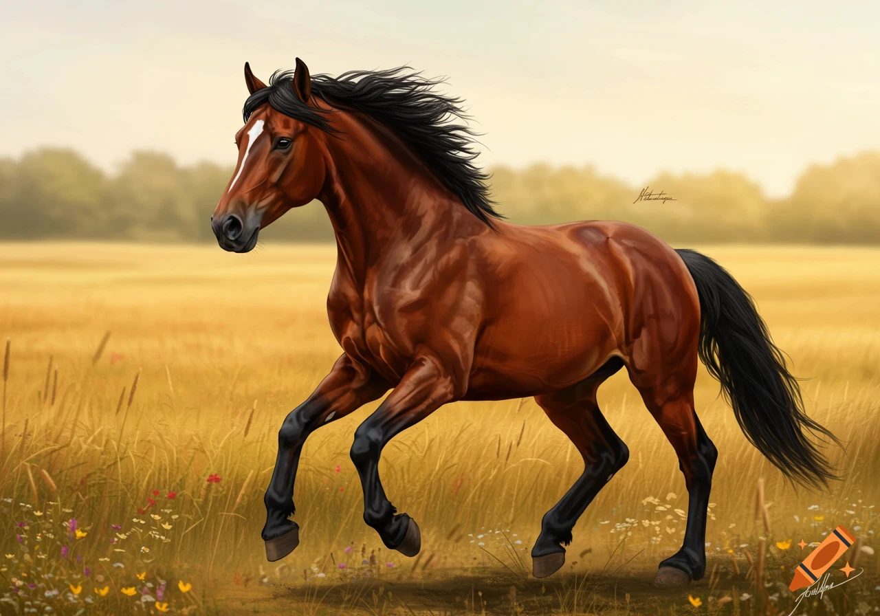 A majestic brown horse with a flowing black mane and tail trots through a sunlit golden field filled with wildflowers.