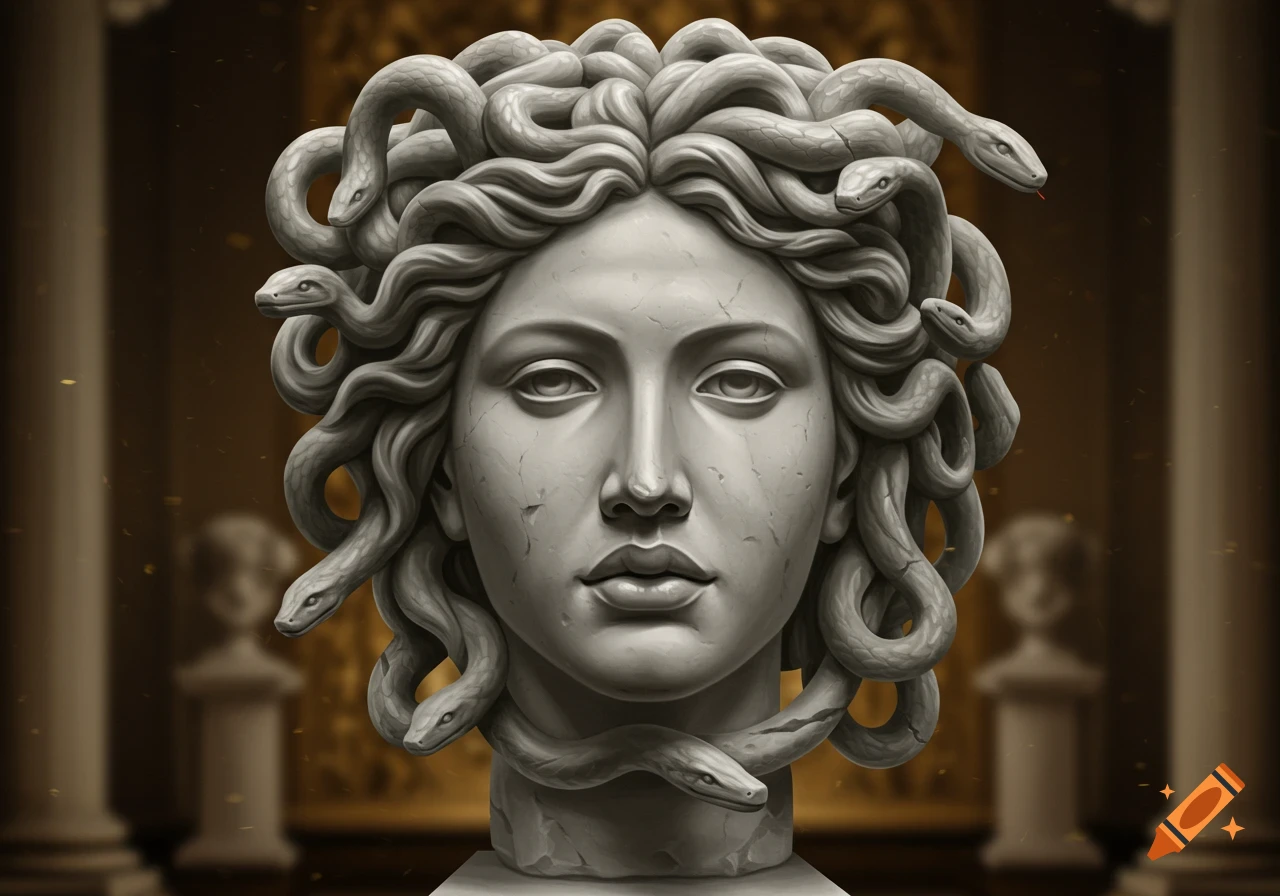 A detailed stone bust of Medusa with snakes as hair, set against a dark, classical background.