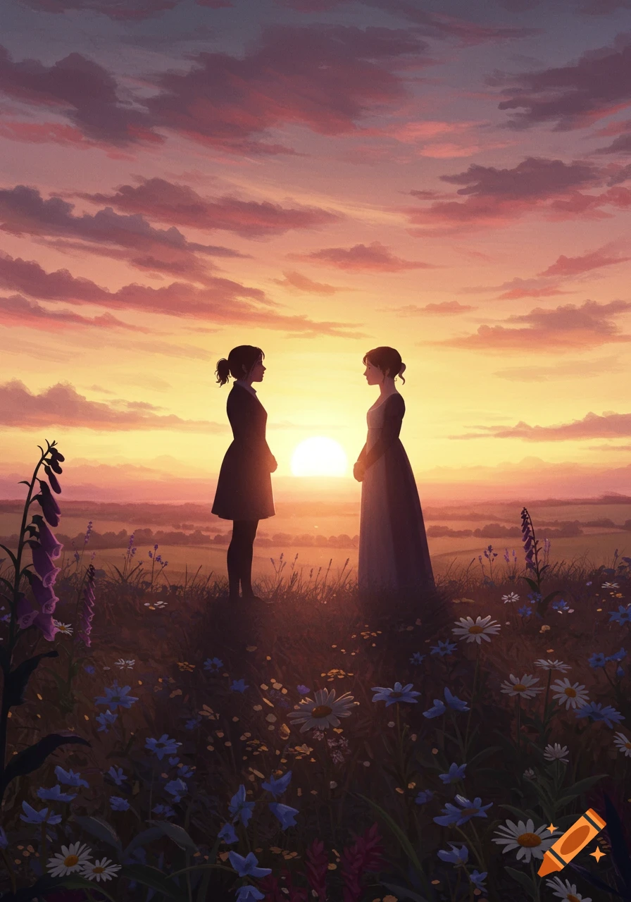 Two women stand in silhouette on a hilltop at sunset, surrounded by wildflowers in a painted illustration style.
