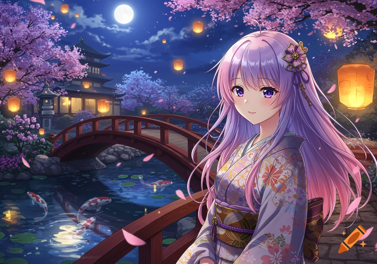 Anime woman with long purple hair in a kimono stands on a bridge in a Japanese garden at night, with cherry blossoms, lanterns, and a koi pond under a full moon.