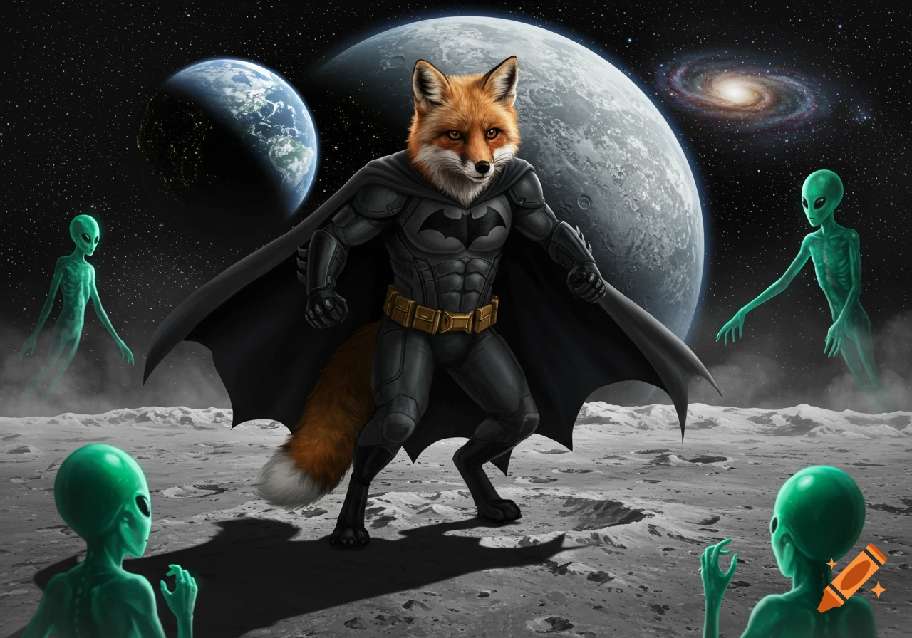 A fox dressed as Batman stands on the moon, surrounded by green aliens and planets in space.