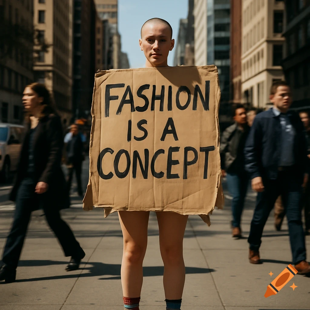 Photorealistic person with a shaved head wearing a cardboard sign 'FASHION IS A CONCEPT' and socks on a city street.