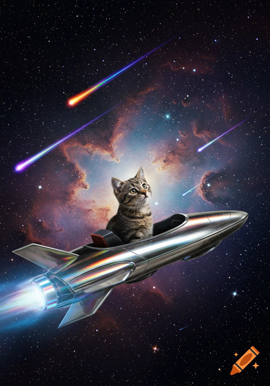 A tabby cat pilots a silver rocket through a vibrant galaxy with colorful shooting stars and nebulae.