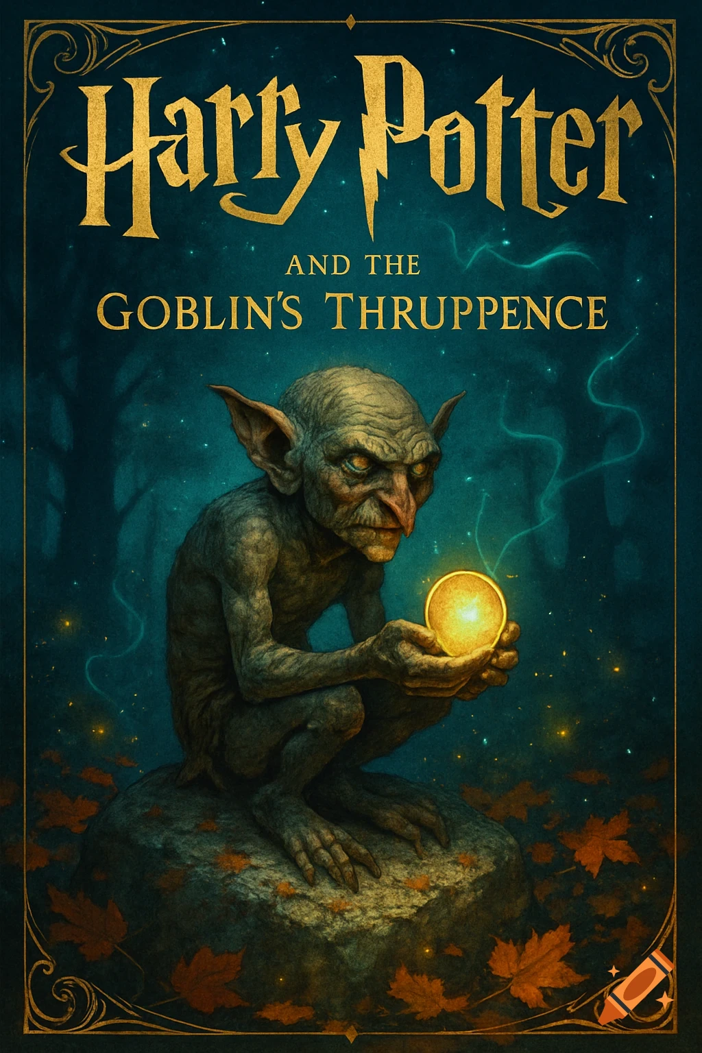 A book cover for 'Harry Potter and the Goblin's Thruppence' featuring a goblin holding a glowing orb in a dark forest.