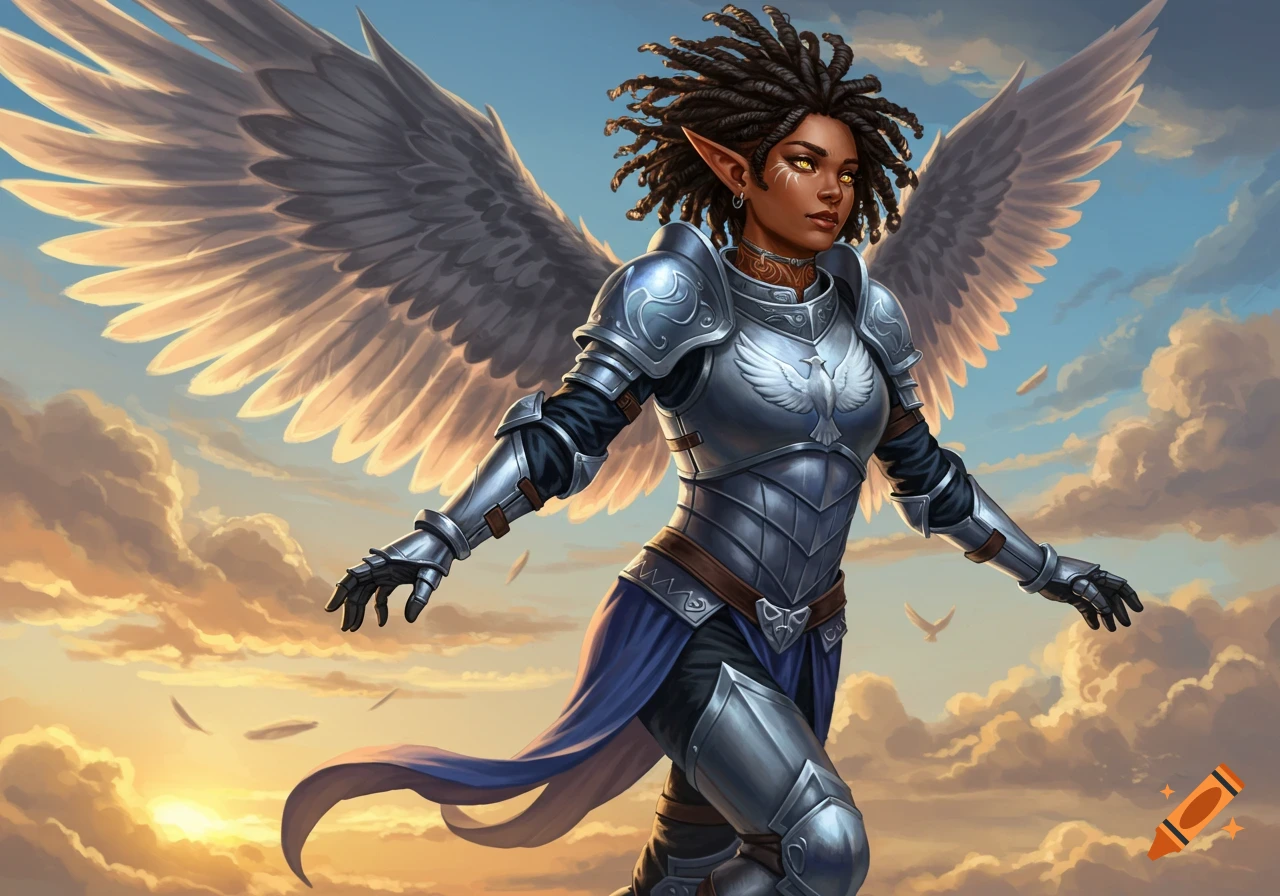 A female half-elf paladin with dreadlocks and golden eyes, wearing silver and blue armor with a dove motif, flying with large white wings against a sky with clouds.