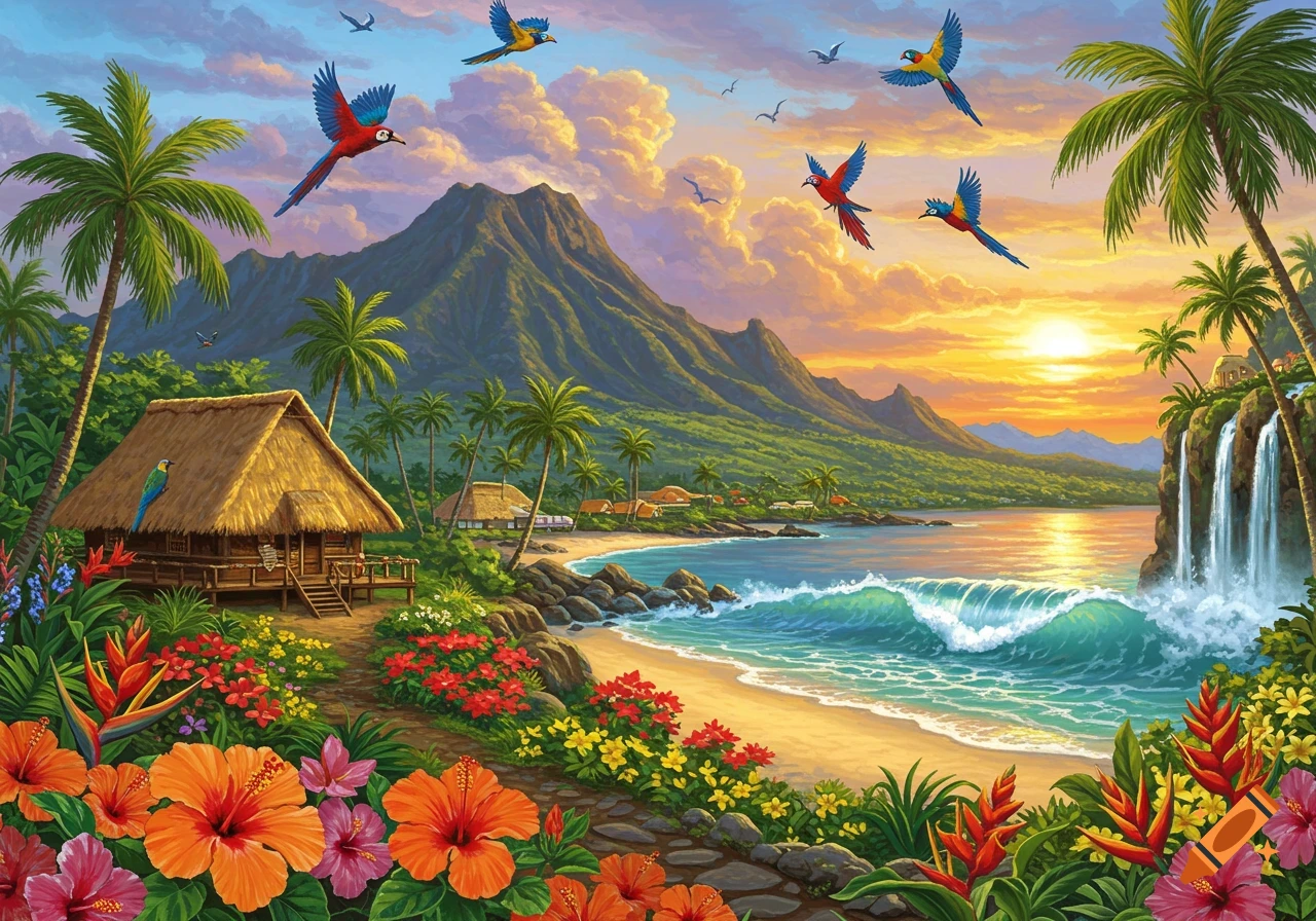 Vibrant tropical landscape painting at sunset with a beach, hut, palm trees, mountains, waterfall, colorful flowers, and flying parrots.