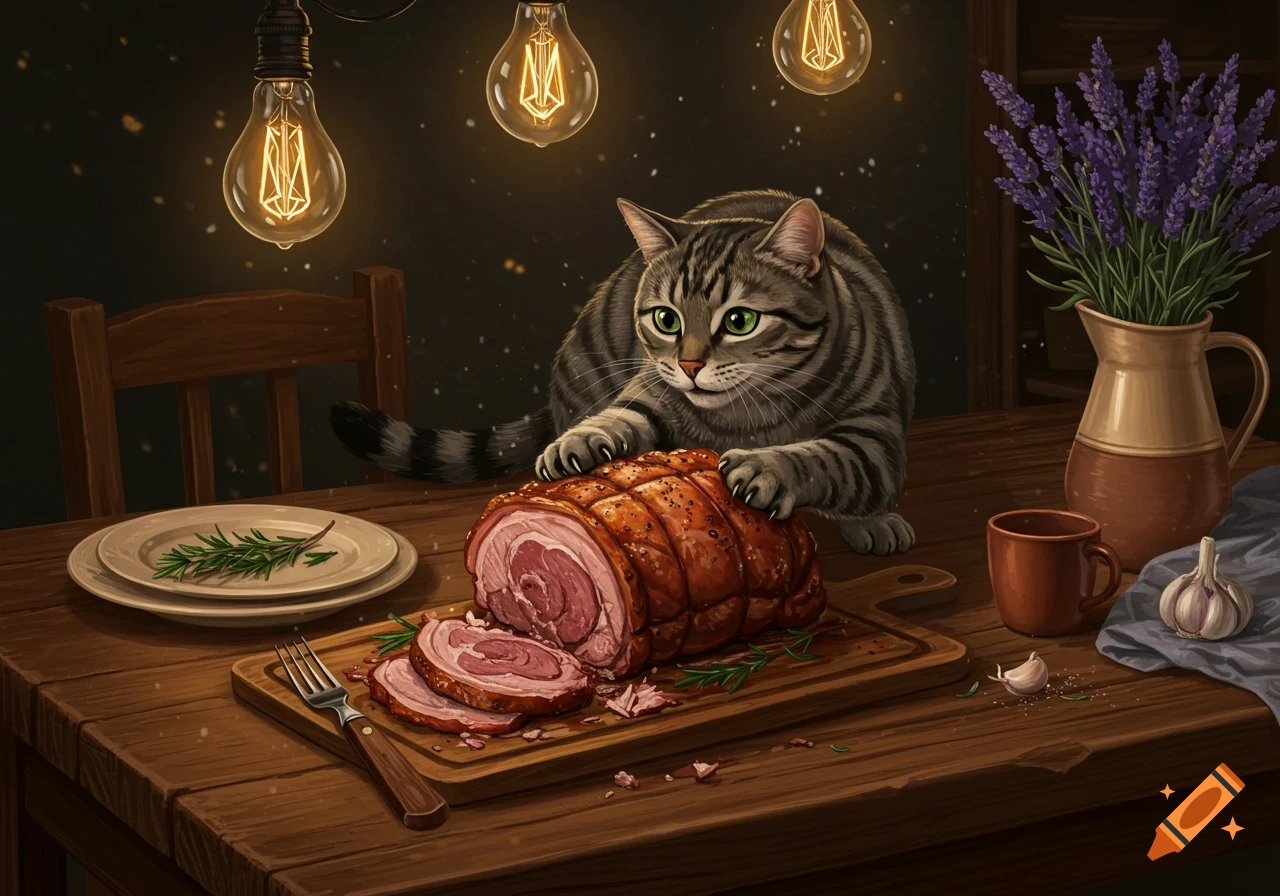 A gray tabby cat with bright green eyes stands on a wooden table, paws on a sliced cooked pork roast, with a fork, plates, and a lavender vase. Stylized art.