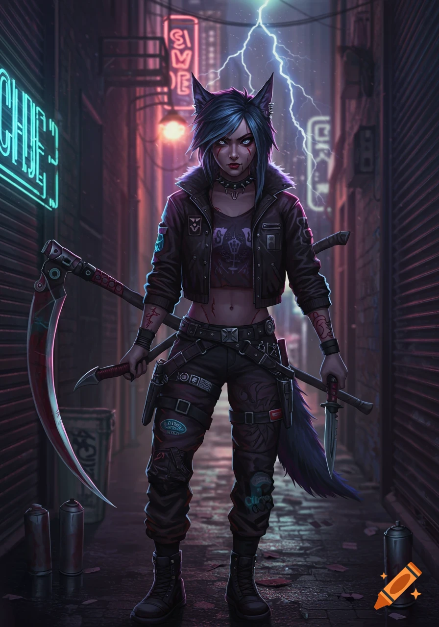 A female character with wolf ears, blue hair, and facial scars, dressed in cyberpunk grunge attire with weapons, stands in a neon-lit alleyway under a lightning storm.