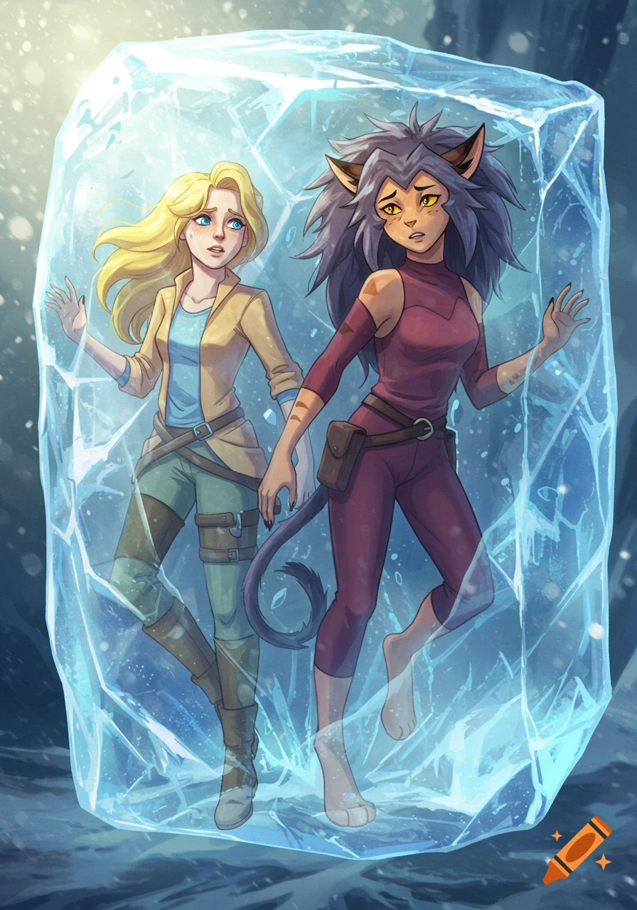 Two animated characters, a blonde woman and a cat-eared woman, frozen together in a block of ice with distressed expressions.