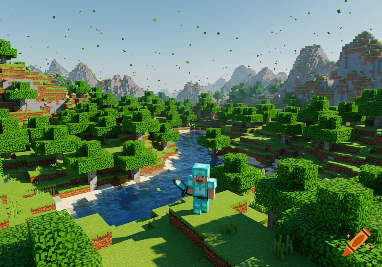 A bright Minecraft landscape with a river, green trees, mountains, and a player in diamond armor holding a sword.