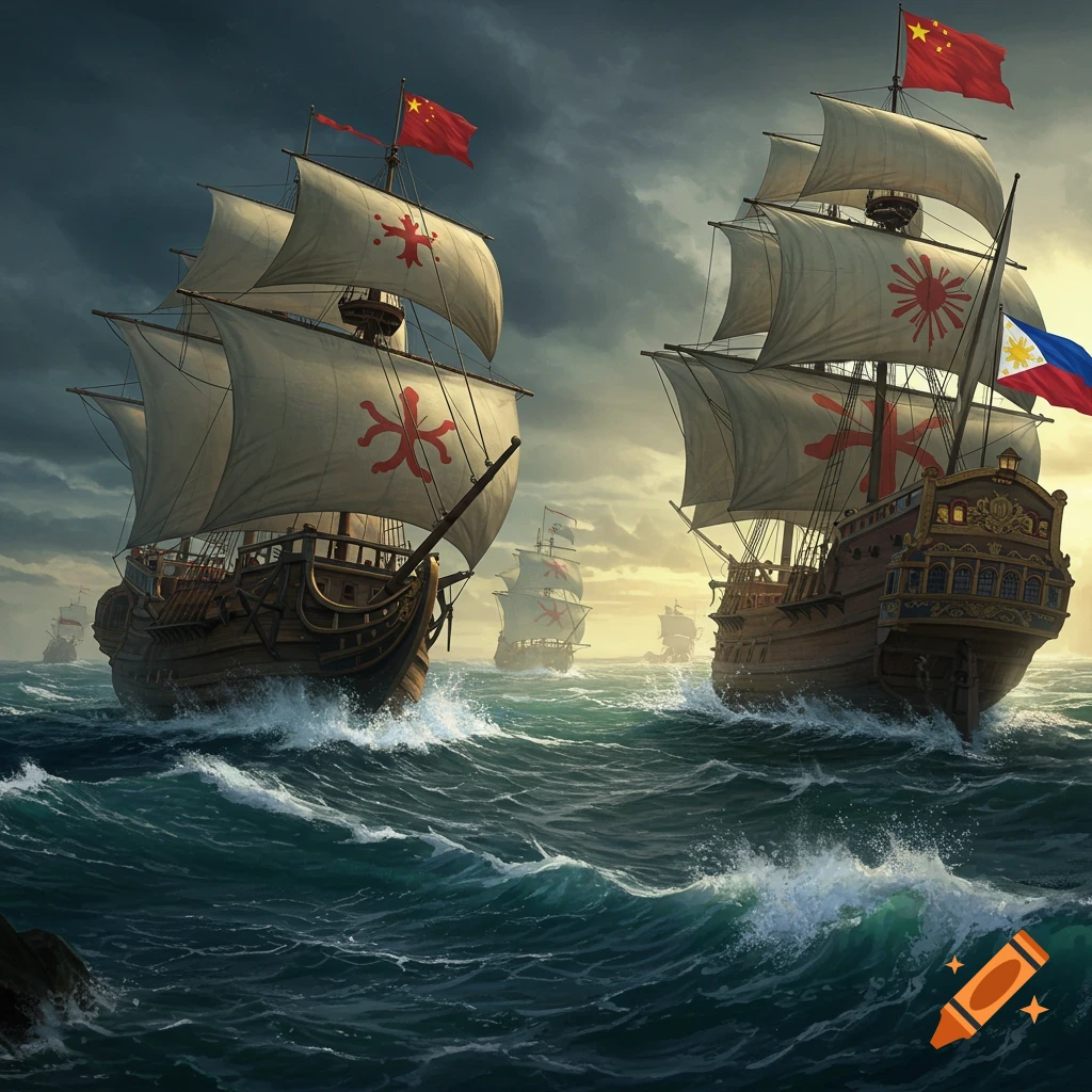 Stylized illustration of two large wooden sailing ships with Chinese and Philippine flags on a stormy sea, facing each other.
