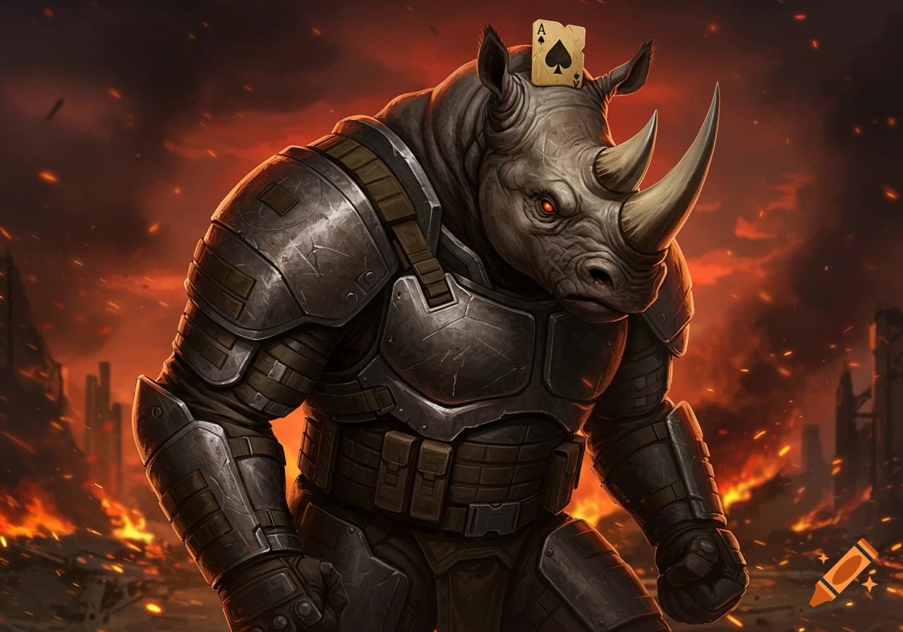 An angry humanoid rhino in dark tactical armor with glowing red eyes stands against a fiery, apocalyptic background. An ace of spades card is on its head.