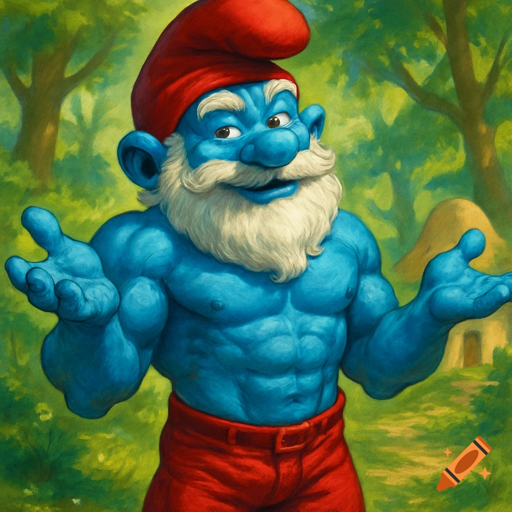 A muscular Papa Smurf with a white beard and red hat shrugs in a forest with a smurf house.
