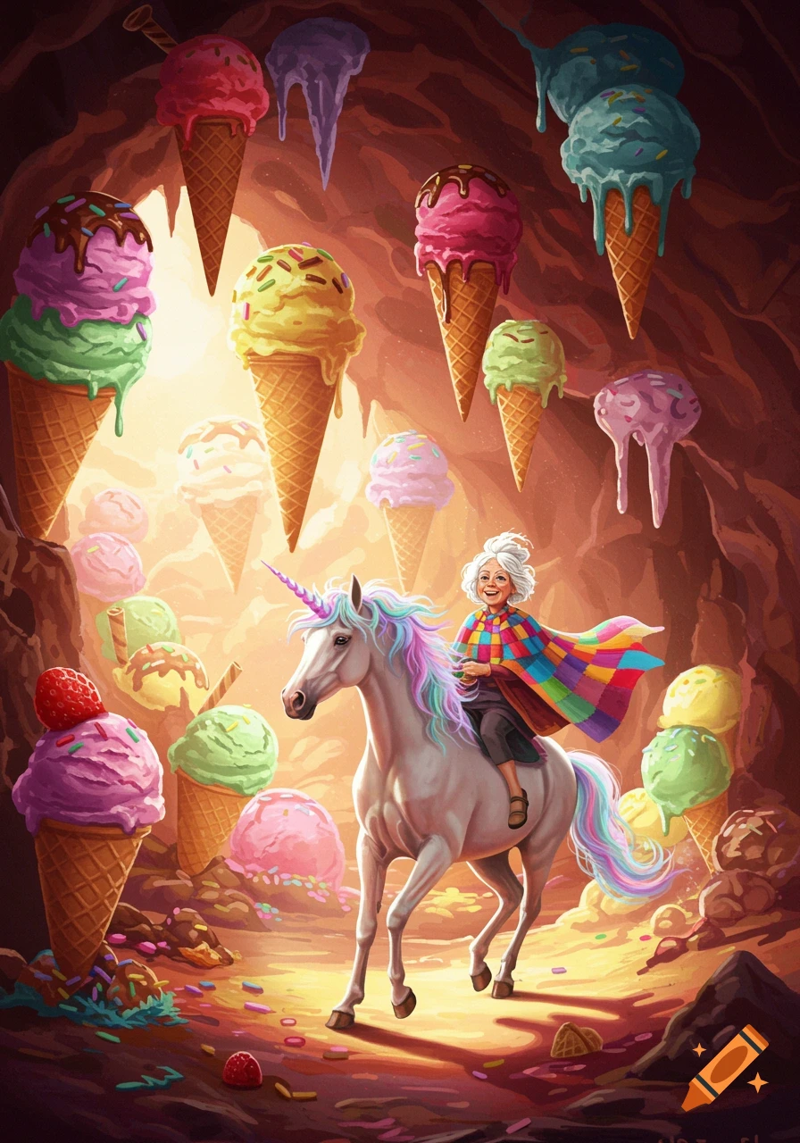 A smiling granny with white hair and a rainbow cape rides a unicorn through a magical cave filled with giant ice cream cones.