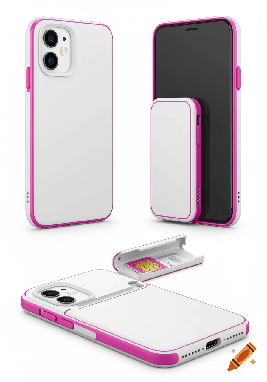 White smartphone case with pink accents, featuring a hidden SIM card compartment, shown closed and open next to a smartphone.
