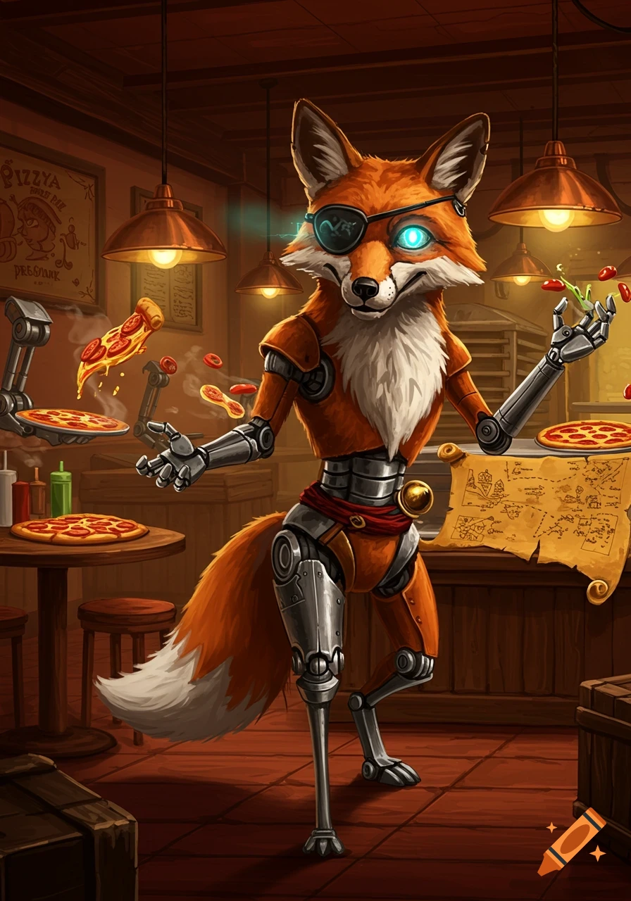 A steampunk-style fox robot with an eyepatch stands in a pizza restaurant, levitating pizza slices and ingredients.