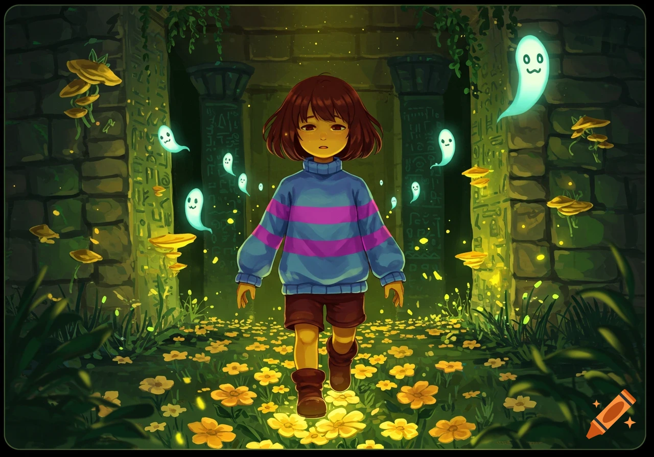 A character resembling Frisk from Undertale walks through a magical, glowing cavern filled with yellow flowers, glowing mushrooms, and friendly light-blue ghosts.