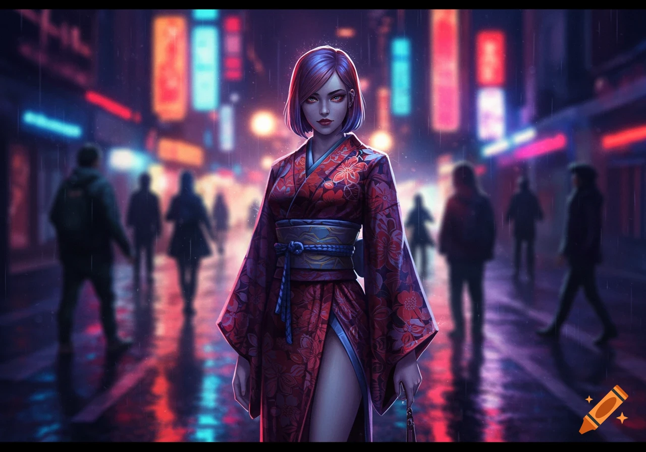 A woman in a red floral kimono with purple hair and red eyes stands on a rainy cyberpunk city street at night.