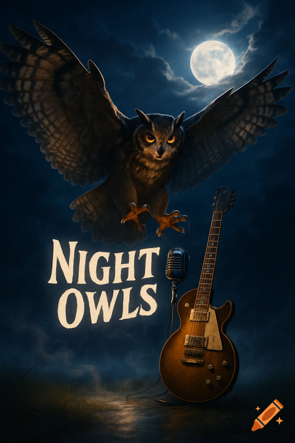An eagle owl with outstretched wings under a full moon, with a guitar, microphone, and 'NIGHT OWLS' text. Dark, dramatic art.