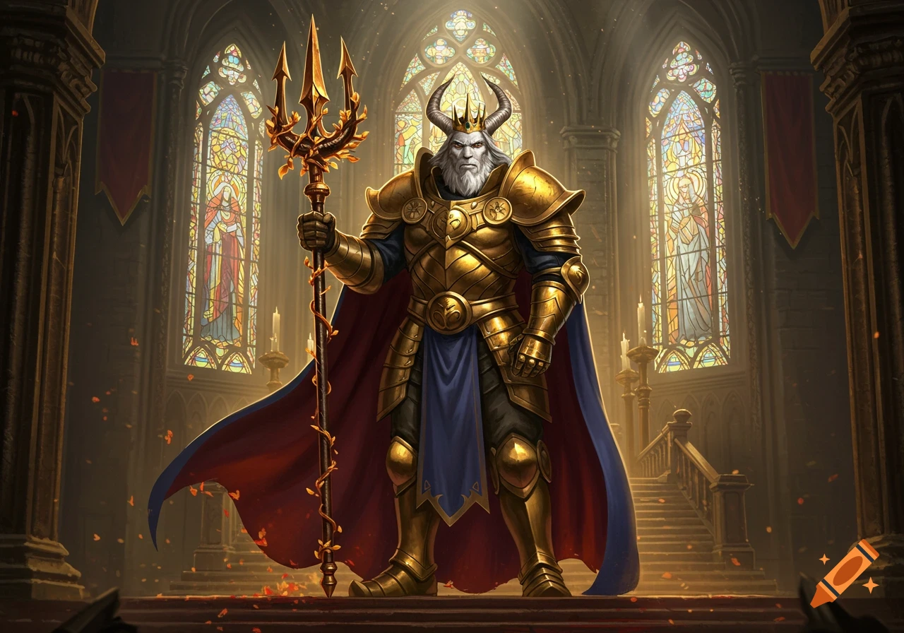 Regal horned king-like figure in golden armor and blue cape, holding a trident, standing in a grand hall with stained-glass windows, digital art.